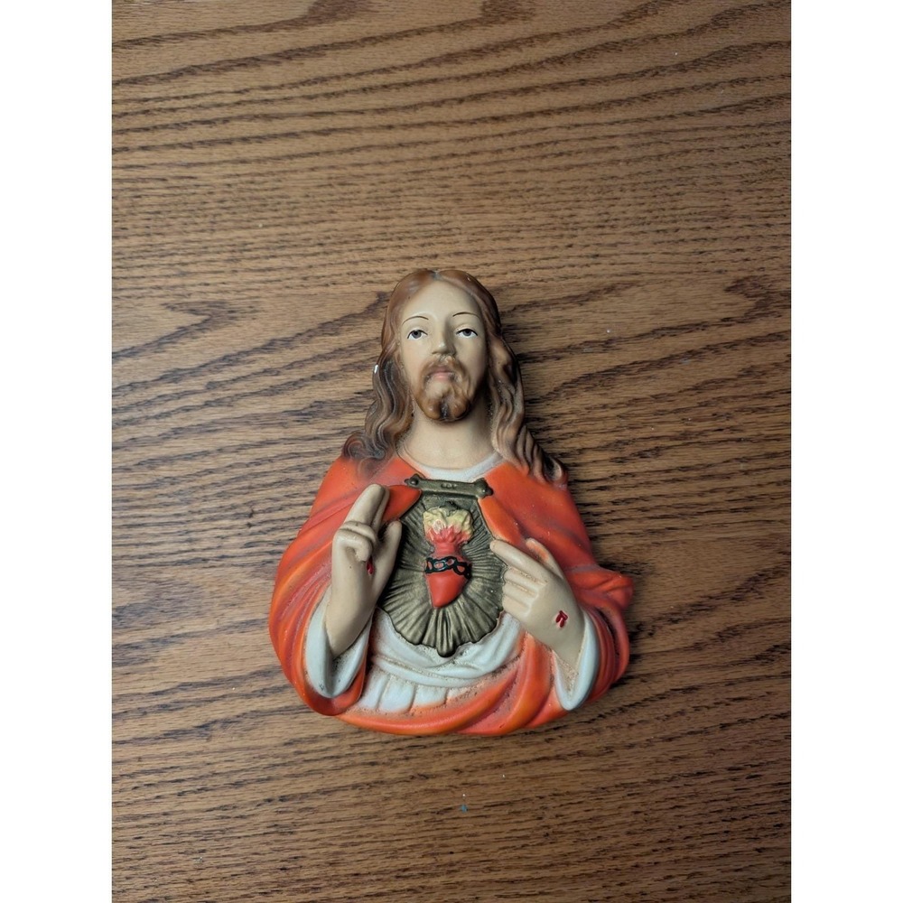 Vintage Sacred Heart of Jesus Chalkware Wall Plaque Bust Catholic Religious Art